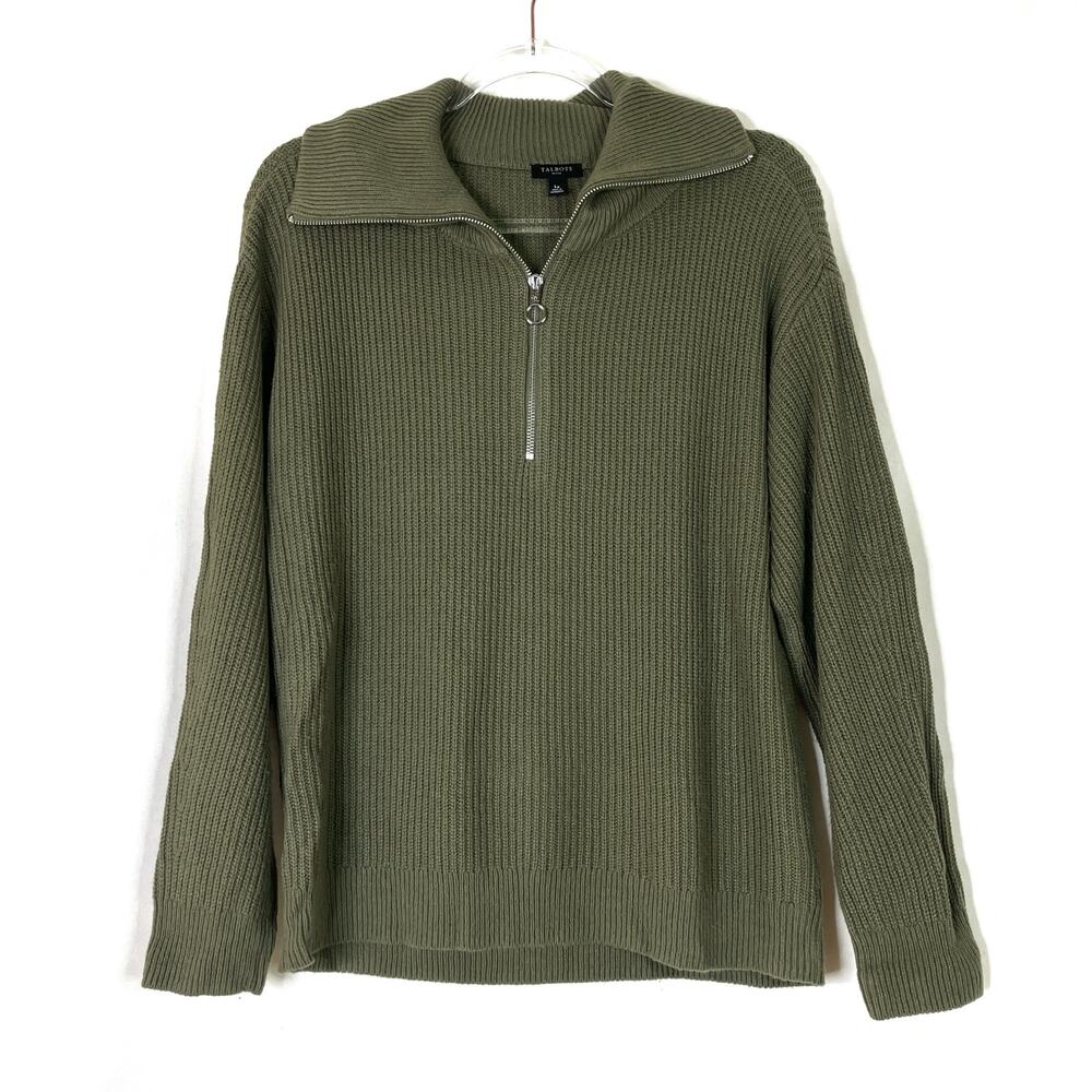 Talbots | Petite 1/4 Zip Pullover Sweater Olive Green Cotton Blend Womens LP